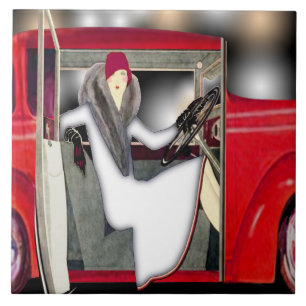 Art Deco Frau in rotem Sportwagen Fliese