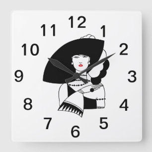 Art Deco Frau mit großem Hut Handschuhe RL Quadratische Wanduhr