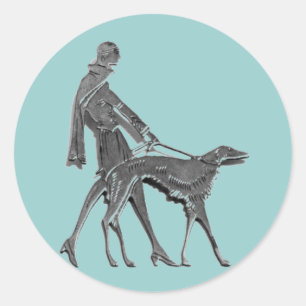 Art Deco Frau und Hund Runder Aufkleber