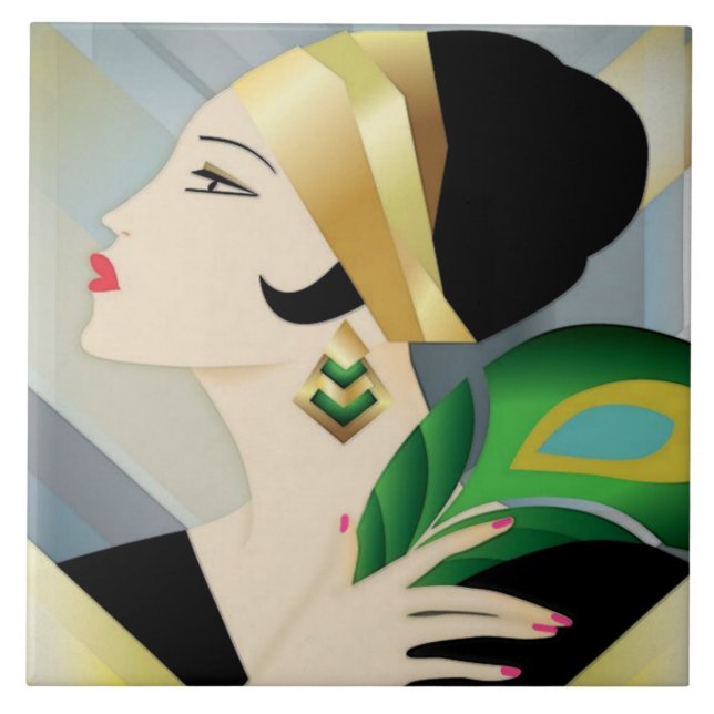 Art Deco Frauen mit Pfauenfeder Fliese (Vorderseite)