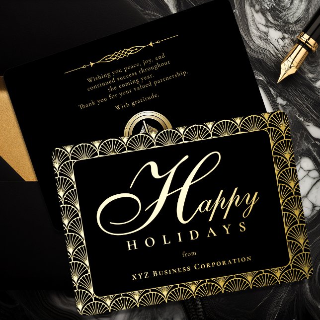 Art Deco Frohe Feiertage Geschäft Goldfolie  (Elegant Happy Holidays Art Deco | Script Design Black Gold Foil Business Corporate Holiday Card)