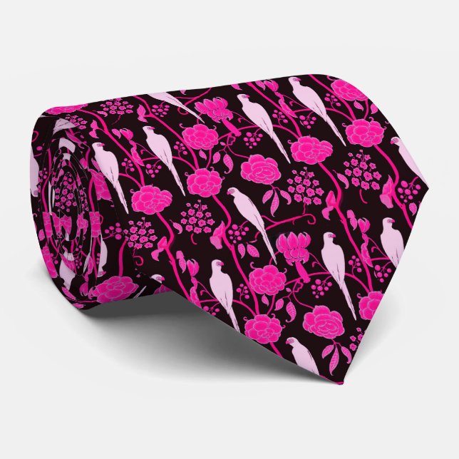 ART DECO FUCHSIA BLUME, WEISSE PARROS AUF SCHWARZ KRAWATTE (Gerollt)