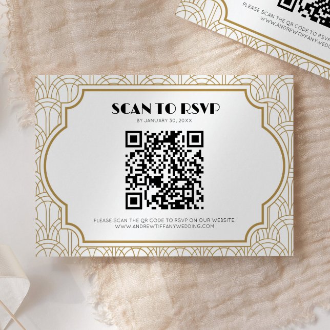 Art Deco Gatsby 1920s Wedding White Gold QR Code RSVP Karte (Von Creator hochgeladen)