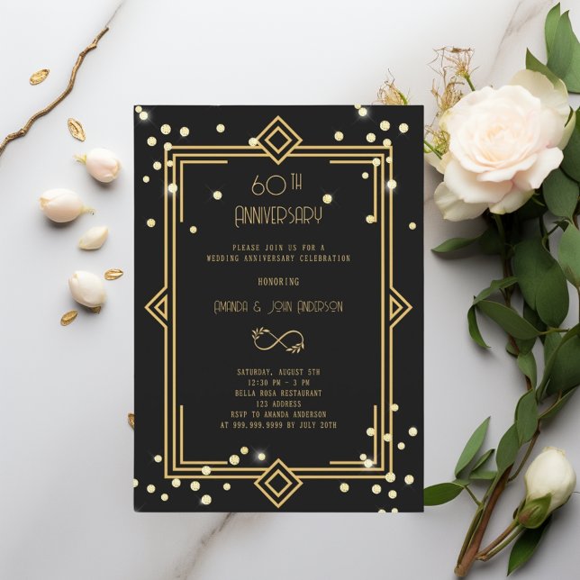 Art Deco Gatsby black  60th wedding anniversary Einladung (Von Creator hochgeladen)