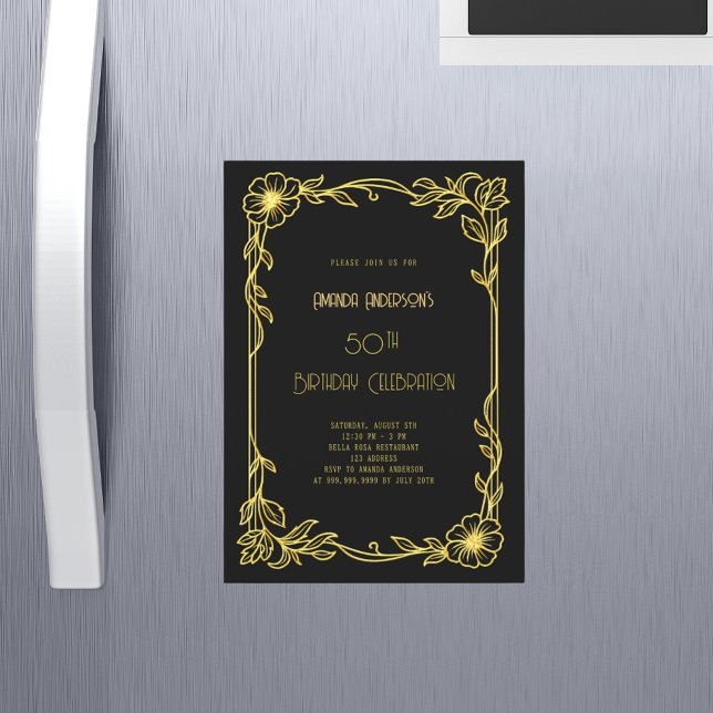 Art Deco Gatsby black gold birthday  Magneteinladung (Von Creator hochgeladen)