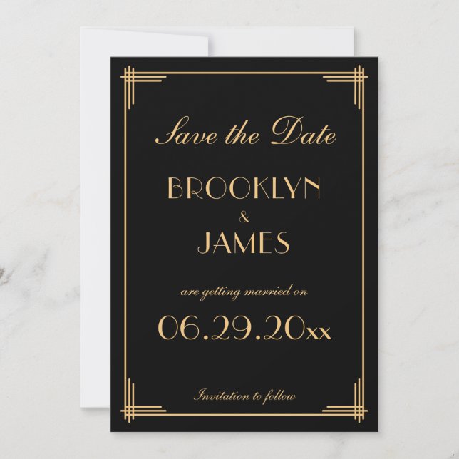 Art Deco Gatsby Black Save the Date Cards Einladung (Vorderseite)