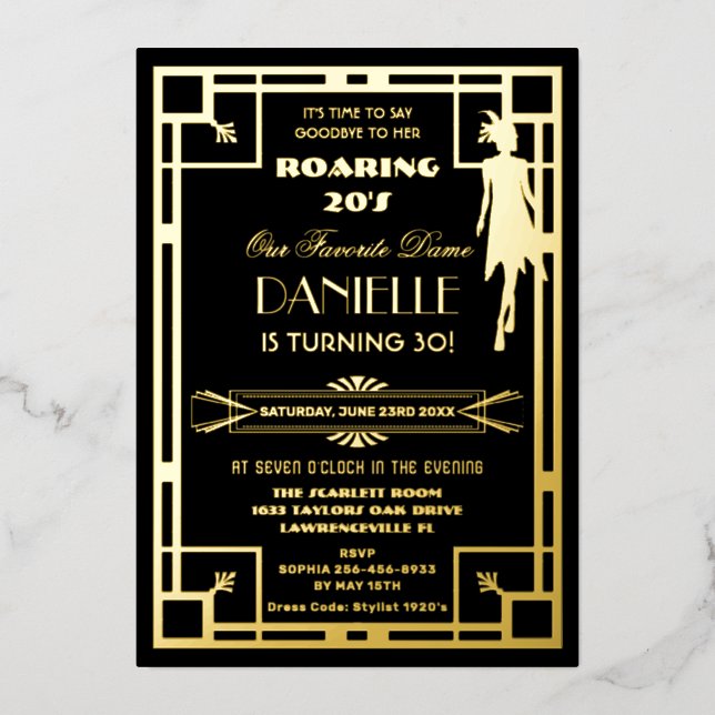 Art Deco Gatsby Roaring 20s 30th Birthday Real Folieneinladung (Vorderseite)
