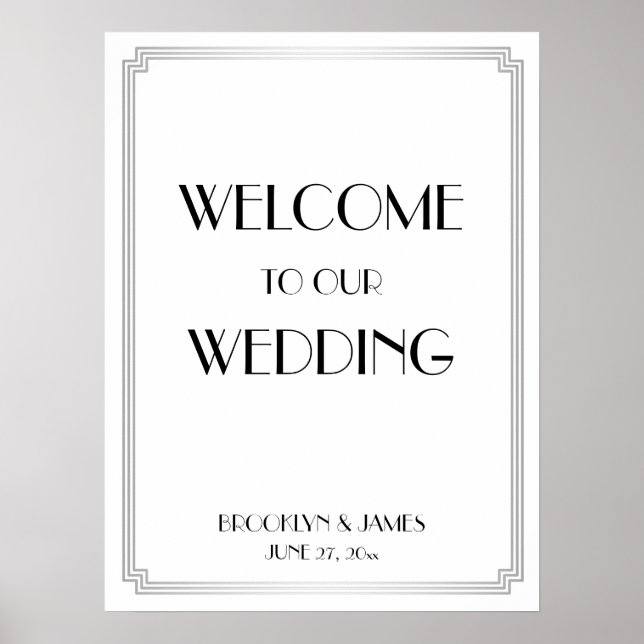Art Deco Gatsby Silver Wedding Reception Zeichen Poster (Vorne)
