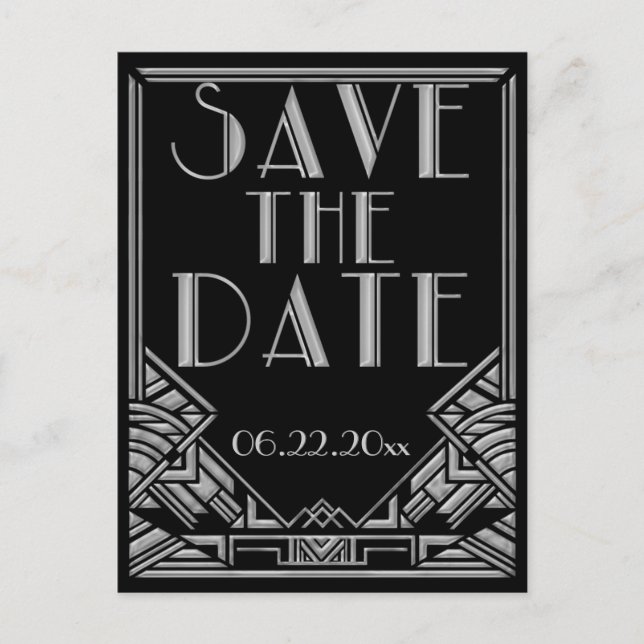 Art Deco Gatsby Style Wedding Save the Date Ankündigungspostkarte (Vorderseite)