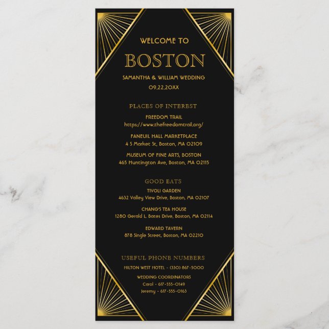 Art Deco Gatsby Wedding Timeline Card Programm (Vorderseite)