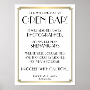 Art Deco Gatsby White and Gold Open Bar Sign 18x24 Poster
