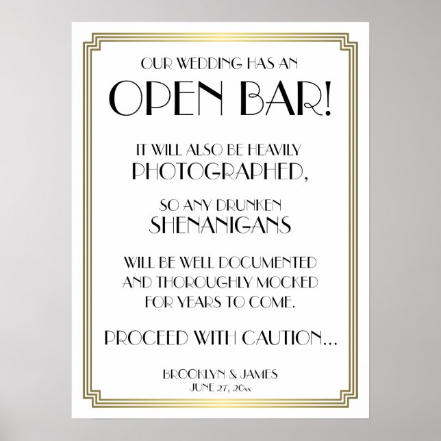 Art Deco Gatsby White and Gold Open Bar Sign 18x24 Poster (Vorne)