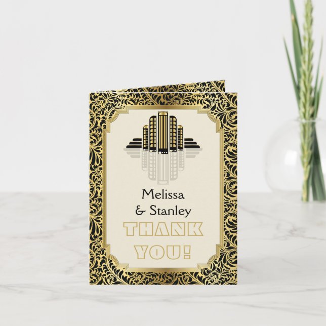 Art Deco Gebäude Schwarz, Gold Hochzeit Danke (Vorderseite)
