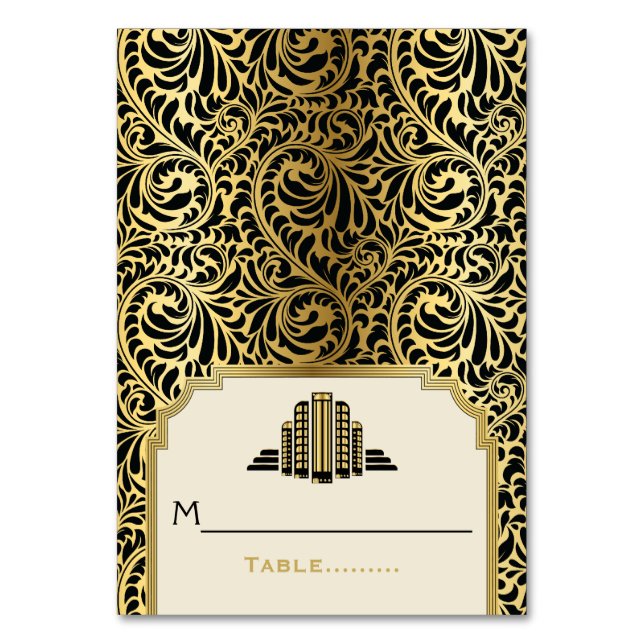 Art Deco Gebäude Schwarz, Gold Hochzeit Platzkarte Tischnummer (Vorderseite)
