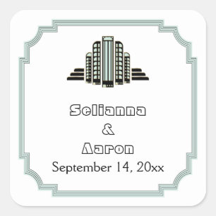 Art Deco Gebäude schwarz mint Hochzeit Save the Da Quadratischer Aufkleber