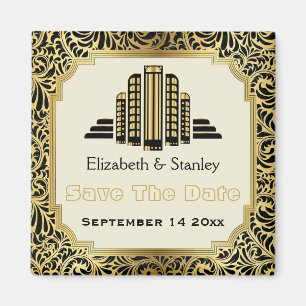 Art Deco Gebäude schwarze Gold Hochzeit Save the D Magnet