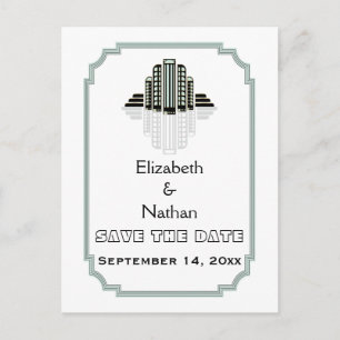 Art Deco Gebäude Schwarze Minze Hochzeit Speichern Ankündigungspostkarte