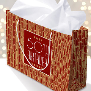 Art Deco Geburtstag mit Namen Rot Gold Elegant jed Große Geschenktüte