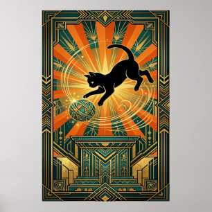 Art Deco geflügelte mystische Katzenwandkunst Poster