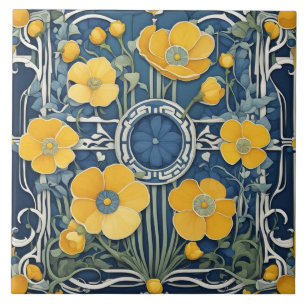 Art Deco Gelbe Blumen Jugendstil Blaue Flora Fliese
