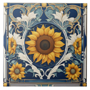 Art Deco Gelbe Sonnenblumen Jugendstil Blau Fliese