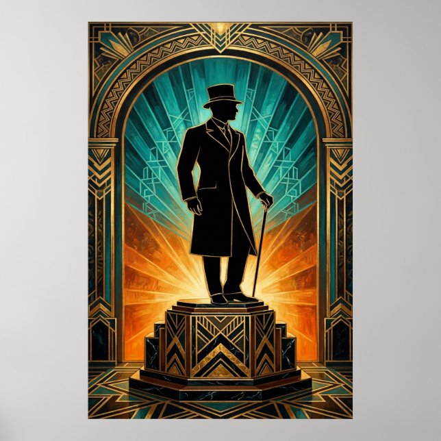Art Deco Gentleman Silhouette Top Hat Cane Poster (Vorne)