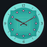 Art Deco Geometric, Aqua und Türkis Blue Große Wanduhr<br><div class="desc">Uhr in sich überlappenden geometrischen Mustern,  bestehend aus Gradientenstreifen,  von Aqua bis tieftürkis / aquamarin,  auf einem leichten aquatischen Hintergrund,  mit 3-D-Look diamantförmigen Akzenten zu den Stunden</div>