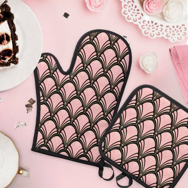 Art Deco Geometric Blume Muster Ofenhandschuh & Topflappen-Set (Pretty pink Art Deco kitchen essentials.)