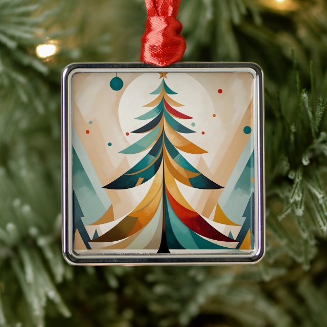 Art Deco Geometric Christmas Feathered Branches Ornament Aus Metall (Baum)