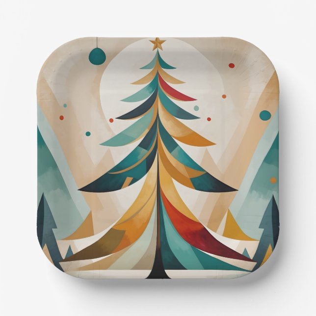 Art Deco Geometric Christmas Feathered Branches Pappteller (Vorderseite)