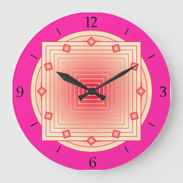Art Deco Geometric, Fuchsia Pink und Coral Große Wanduhr (Vorderseite)