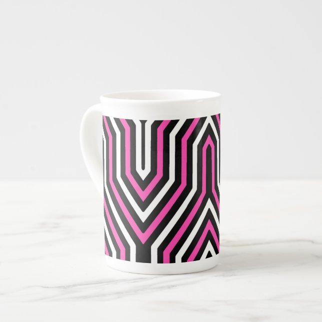 Art Deco Geometric - Fuchsia rosa, schwarz und wei Prozellantasse (Vorderseite Links)