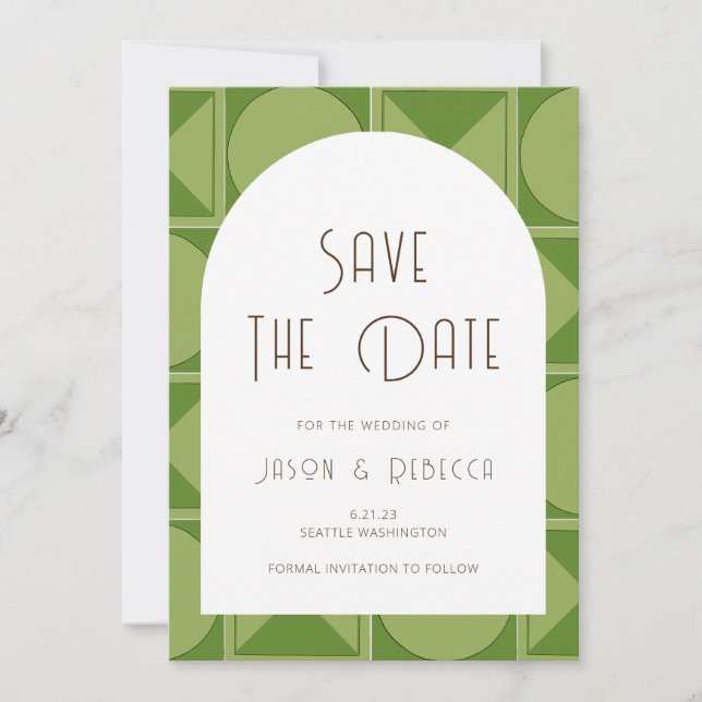 Art Deco Geometric Green Save the Date Wedding Einladung (Vorderseite)