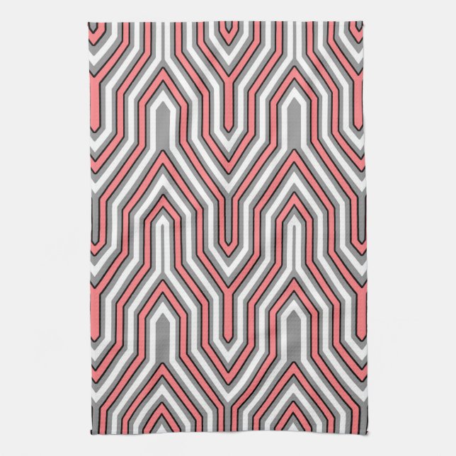 Art Deco Geometric - Korallen, grau und weiß Geschirrtuch (Vertikal)