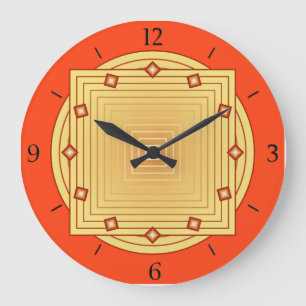 Art Deco Geometric, Mandarin Orange und Gelb Große Wanduhr