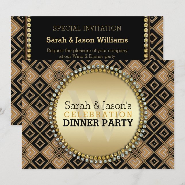 Art Deco Geometric Muster Black Gold Dinner Party Einladung (Vorne/Hinten)