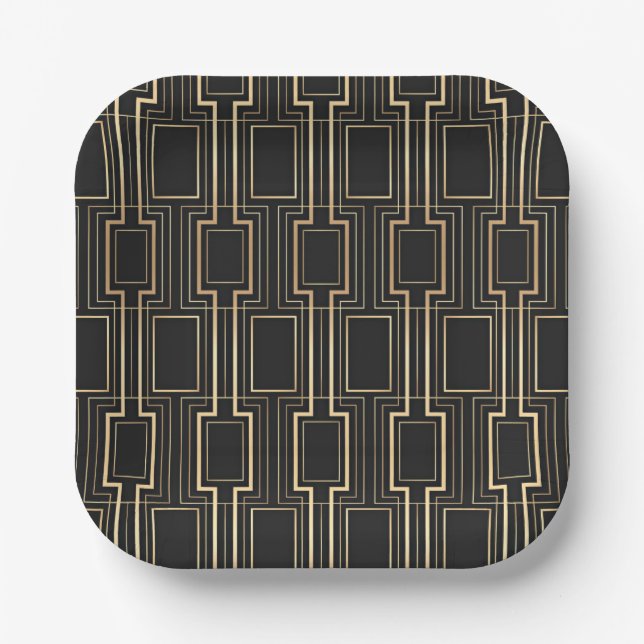 Art Deco Geometrics Black and Gold Pappteller (Vorderseite)