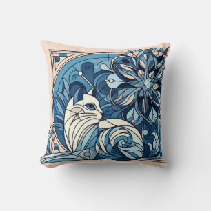 Art Deco geometrische blaue Katze. Kissen