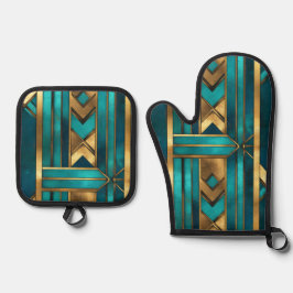 Art Deco Geometrische Pfeile, Gold und Türkis Ofenhandschuh & Topflappen-Set
