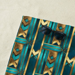 Art Deco geometrische Pfeile, Gold und Türkis Strandtuch