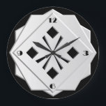 Art Deco geometrische Schwarz-Weiß-Muster Große Wanduhr<br><div class="desc">Art Deco, stilisiert, schwarz-weiß geometrisch in gestapelten, 3-D-Formen mit facettierten Kanten - digitale Kunst</div>