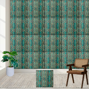 Art Deco Geometrische Tile in Aquamarin und Gold Fliese