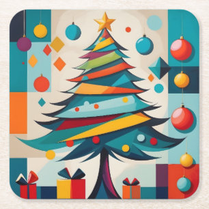 Art Deco Geometrischer Fröhlicher Weihnachtsbaum m Rechteckiger Pappuntersetzer