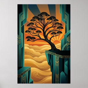 Art Deco Ginkgo Baum Ocean Cliff Gold Türkis Poste Poster