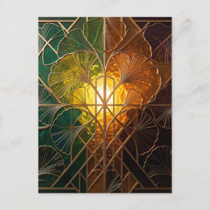 Art Deco Ginkgo Blatt Glasmalerei Design Postkarte