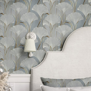Art Deco Ginkgo-Blätter in Blau Tapete
