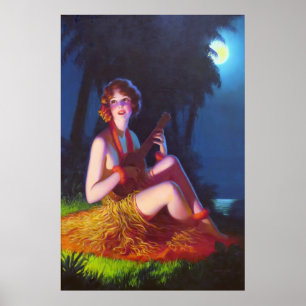 Art Deco Girl in Moonlight with Banjo Poster