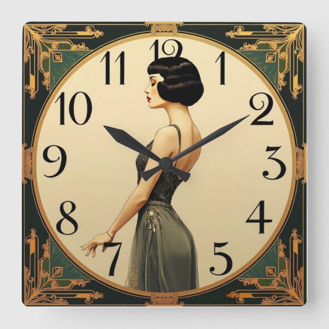 Art Deco Girl Quadratische Wanduhr (Vorderseite)
