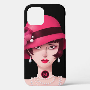 Art Deco Glam Lady Monogram Initial Black Pink Case-Mate iPhone Hülle
