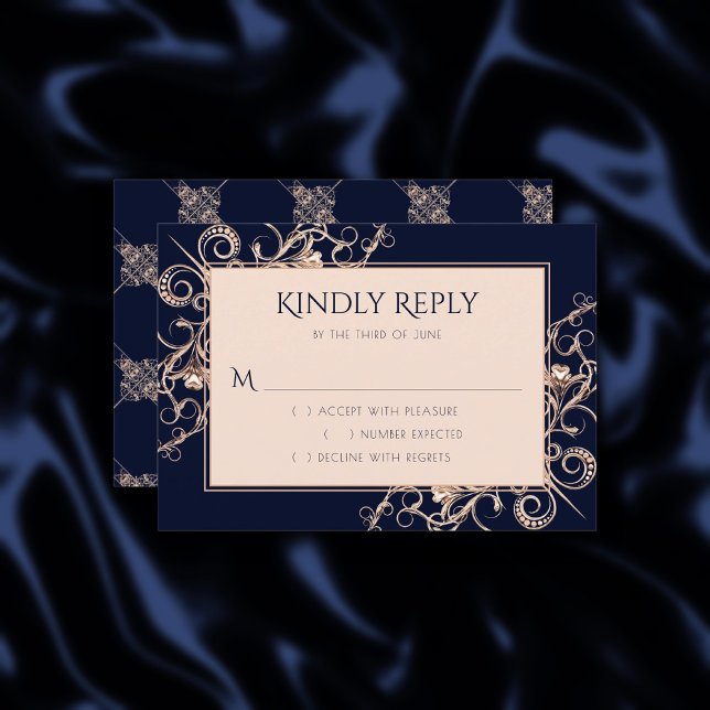 Art Deco Glamour | Navy Blue Rose Gold Ornamental RSVP Karte (Von Creator hochgeladen)